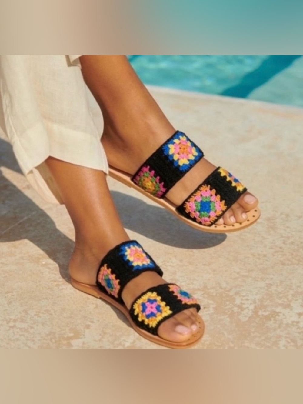 NWT | MANEBÍ x EVEREVE | Granny Square Double Strap Slides | Black | US 7/EU 37
